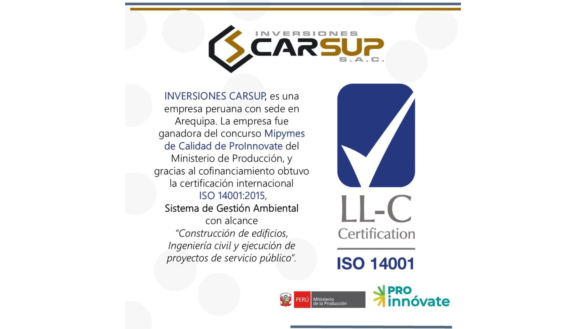 Inversiones Carsup S.A.C obtiene certificación internacional